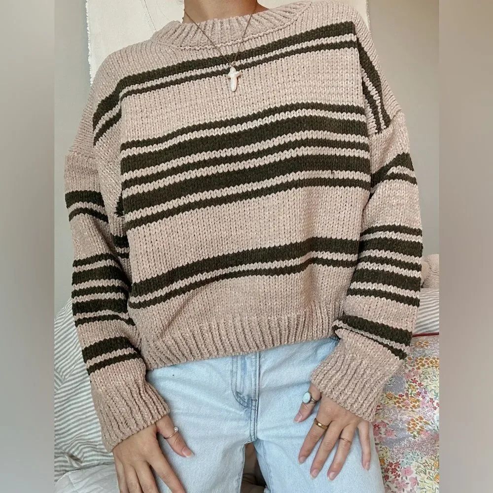 POL | Olive & Tan Striped Chenille Sweater Semi Cropped Chunky Sweater | L